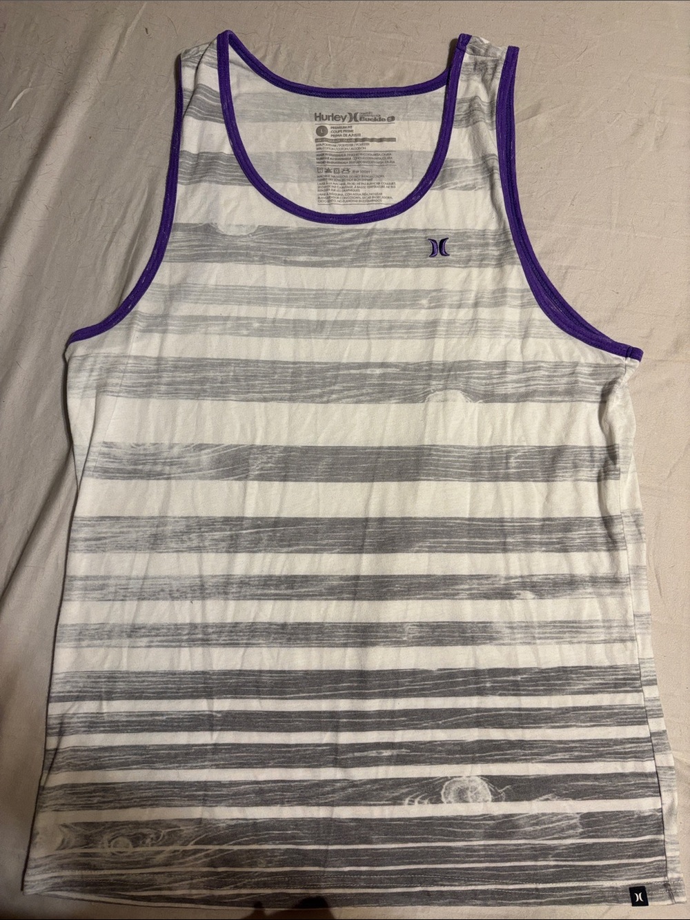 Men’s Hurley/ Buckle White and Gray Striped Tank with Purple Trim Size Large